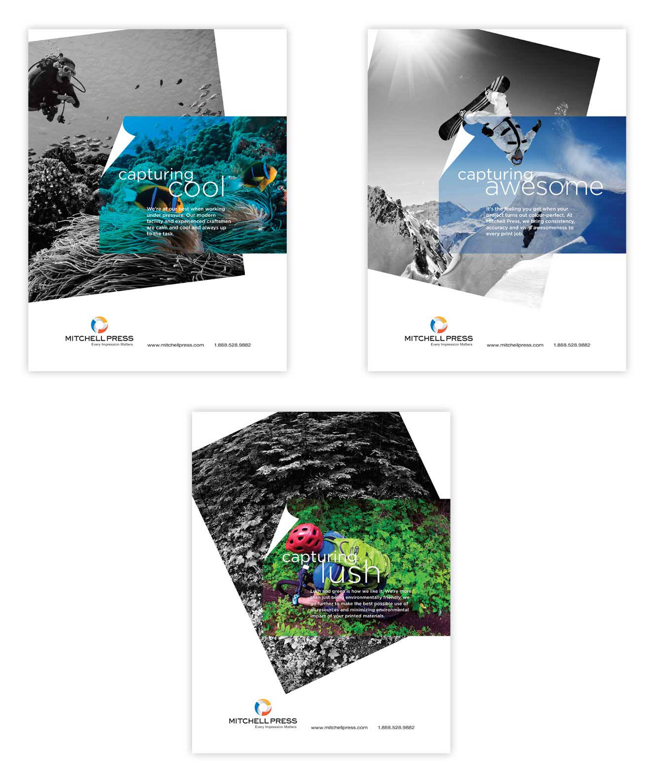 Three magazine covers featuring adventure and nature themes: a diver underwater with coral (text: capturing cool), a snowboarder jumping in the air (capturing awesome), and a person in lush greenery (capturing lush).