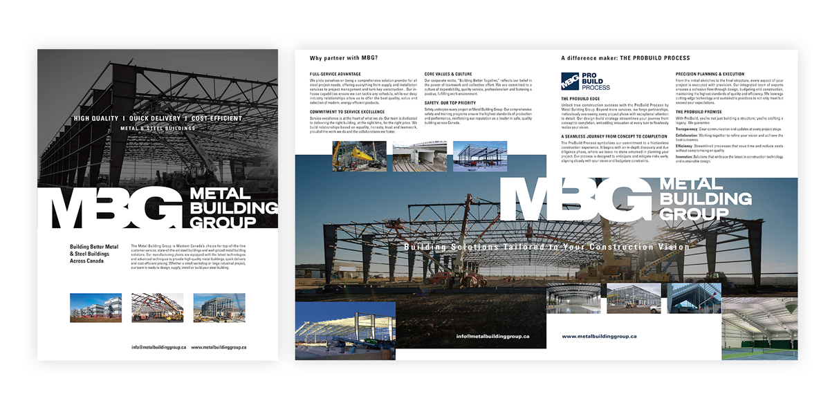 Two pages of a Metal Building Group brochure featuring images of steel building construction, the MBG logo, company information, and an overview of their building process with text and photos of work sites and structures in progress.