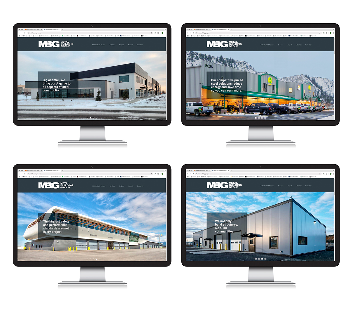 Four computer monitors display different industrial building websites, each featuring modern warehouse or factory exteriors with large MBG logos and descriptive site text. The backgrounds show various weather and lighting conditions.