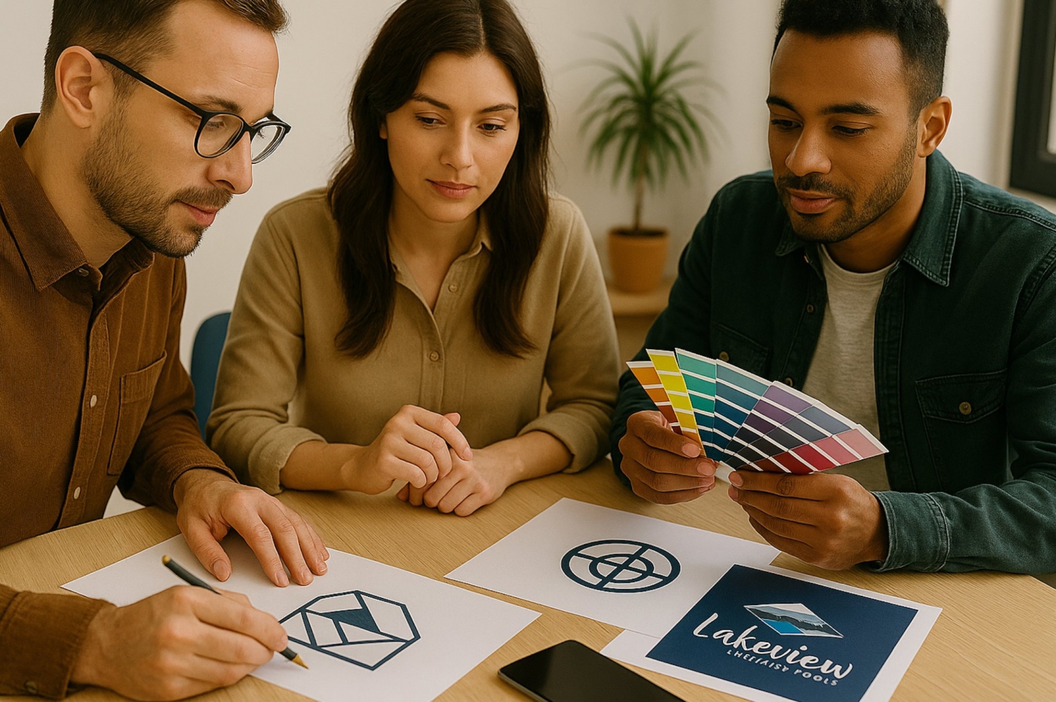 Three people sit at a table reviewing logo sketches and color swatches, likely discussing branding or design, with a phone, papers, and a small potted plant visible in the background.