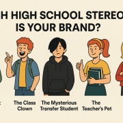 Illustration of five high school student stereotypes with the text, What Kind of Brand Are You? High School. Discover if your brand is The Straight A Student, Class Clown, Mysterious Transfer Student, Teacher’s Pet, or The Rebel.