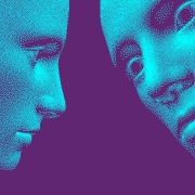 Two stylized blue faces in profile on a purple background, one facing forward and the other tilted, composed of small dots to evoke a digital, abstract effect—perfectly capturing the essence of Conversational Marketing innovation.