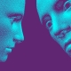 Two stylized blue faces in profile on a purple background, one facing forward and the other tilted, composed of small dots to evoke a digital, abstract effect—perfectly capturing the essence of Conversational Marketing innovation.