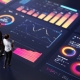 Two businesspeople stand on a dark floor displaying large, colorful digital graphs and charts—bar graphs, line charts, circular diagrams, and a world map—illustrating data analysis as one of the key Pillars of Successful Branding.