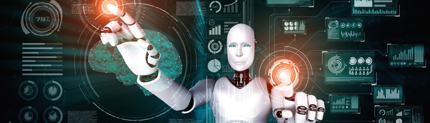 A humanoid robot interacts with transparent digital screens showing data and charts, a glowing "Processing" sign above its head, illustrating the power of Artificial Intelligence in Digital Marketing and futuristic technology.
