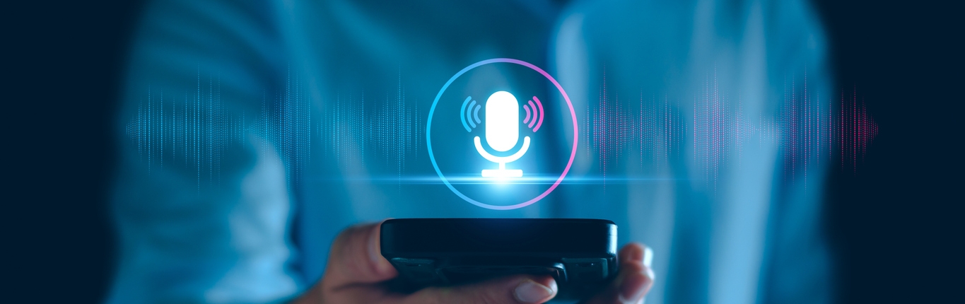 Voice recording. Man touching microphone icon on smart phone. Mobile application Record sound, audio, music, voice message. or Use your voice to direct AI to search for information on Internet.