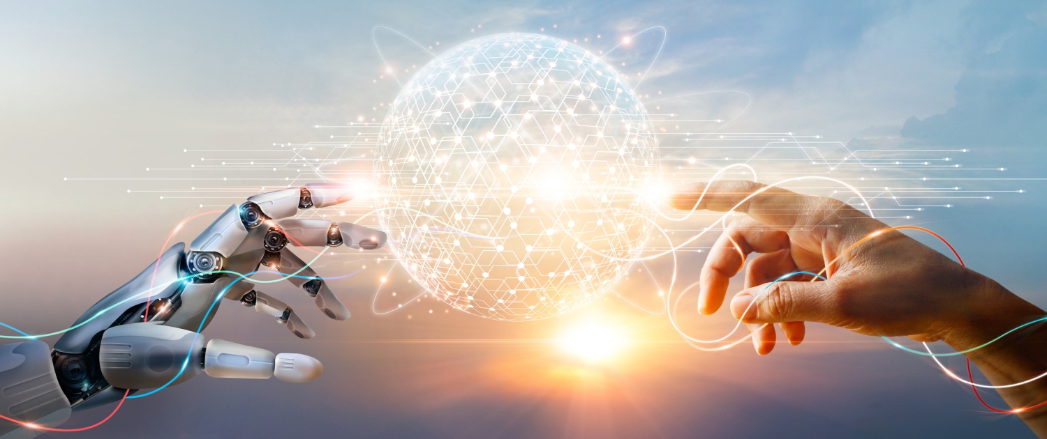 A robotic hand and a human hand reach toward each other, fingertips nearly touching, with a glowing digital sphere of interconnected lines and nodes—symbolizing AI powered search—between them against a bright, ethereal sky.