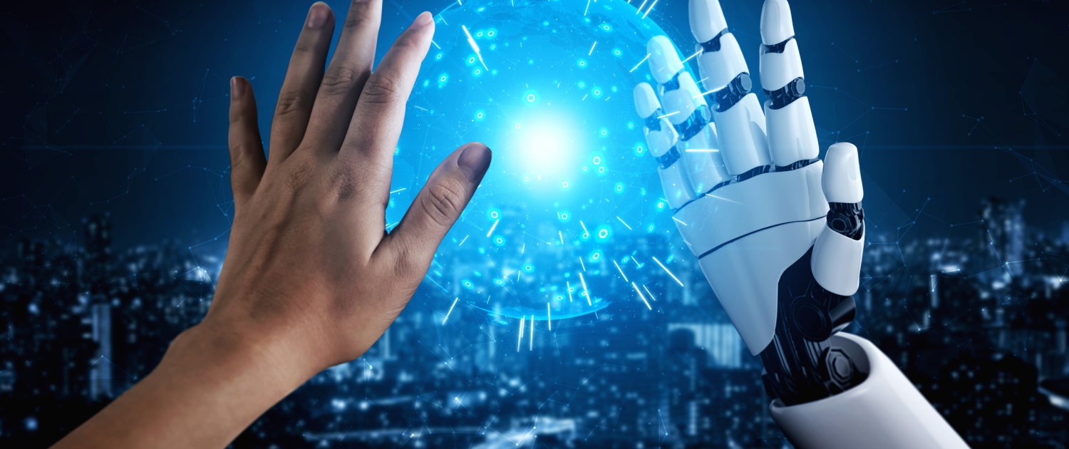 A human hand and a robotic hand reach toward a glowing blue digital sphere with circuits, set against a blurred cityscape, symbolizing human-AI connection, advanced technology, and the future of AI search optimization.