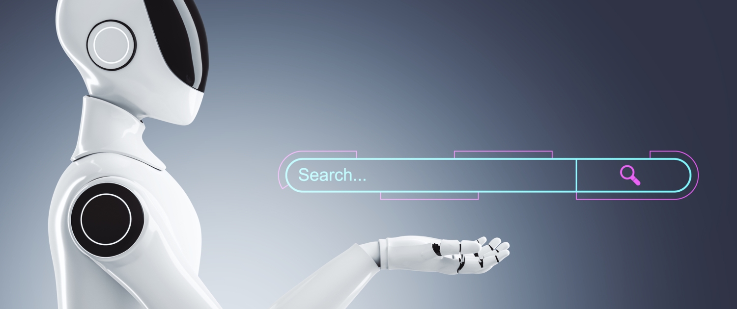 Futuristic robot presenting a search bar interface