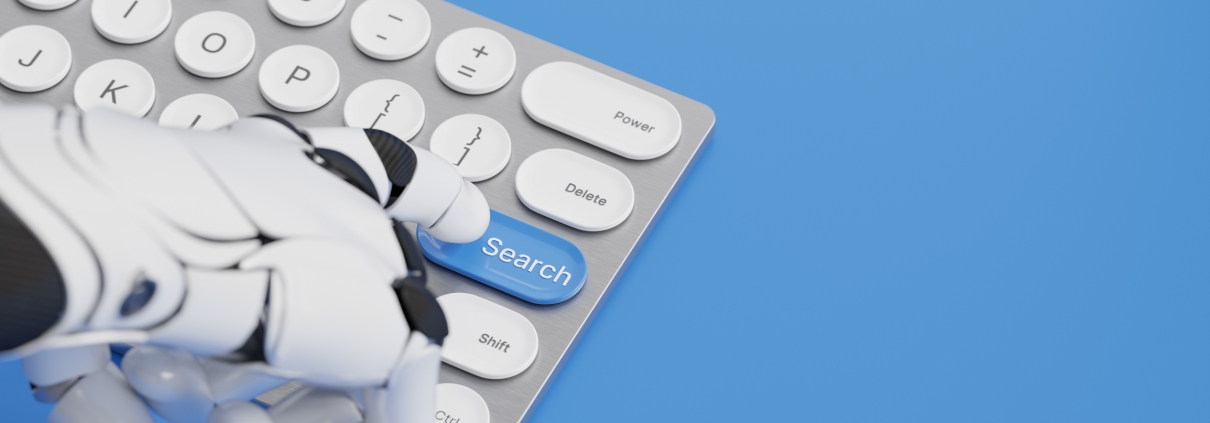 A robotic hand pressing the blue Search key on a modern white computer keyboard against a light blue background.