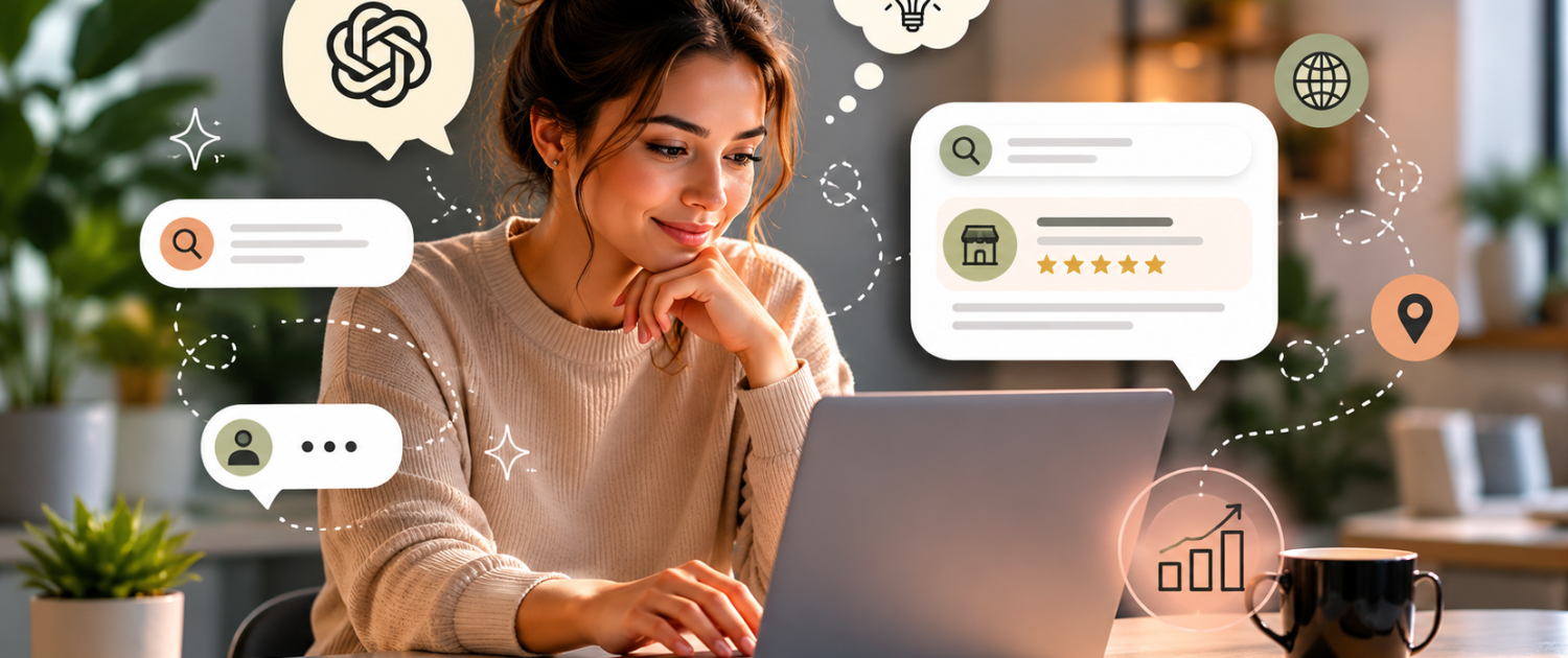 A smiling woman works on a laptop at a desk in a bright office, surrounded by illustrated icons of chat bubbles, graphs, search, ideas, and technology, suggesting productivity and digital communication.