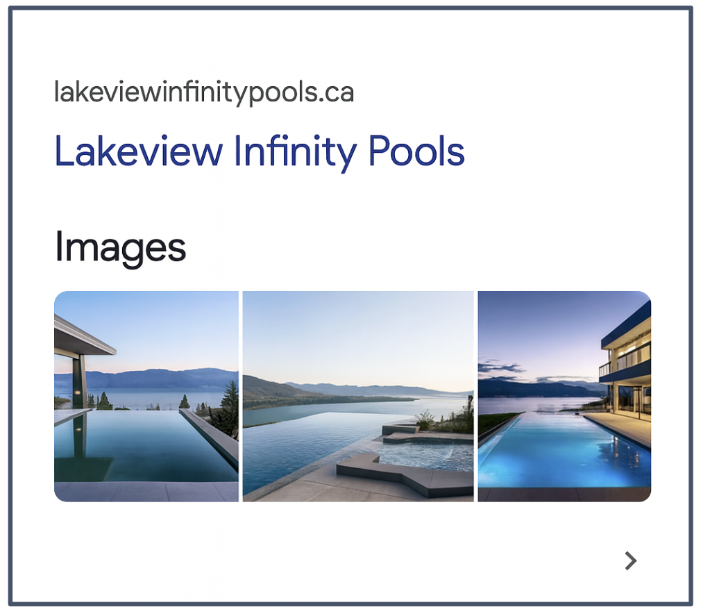 Three photos of modern infinity pools overlooking scenic lake and mountain views, shown on a website titled Lakeview Infinity Pools with the URL lakeviewinfinitypools.ca.