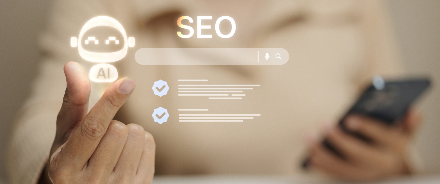 A person uses one hand to touch a virtual AI robot icon next to the word SEO on a transparent search bar, while holding a smartphone in the other hand. Digital checklists appear on the interface.