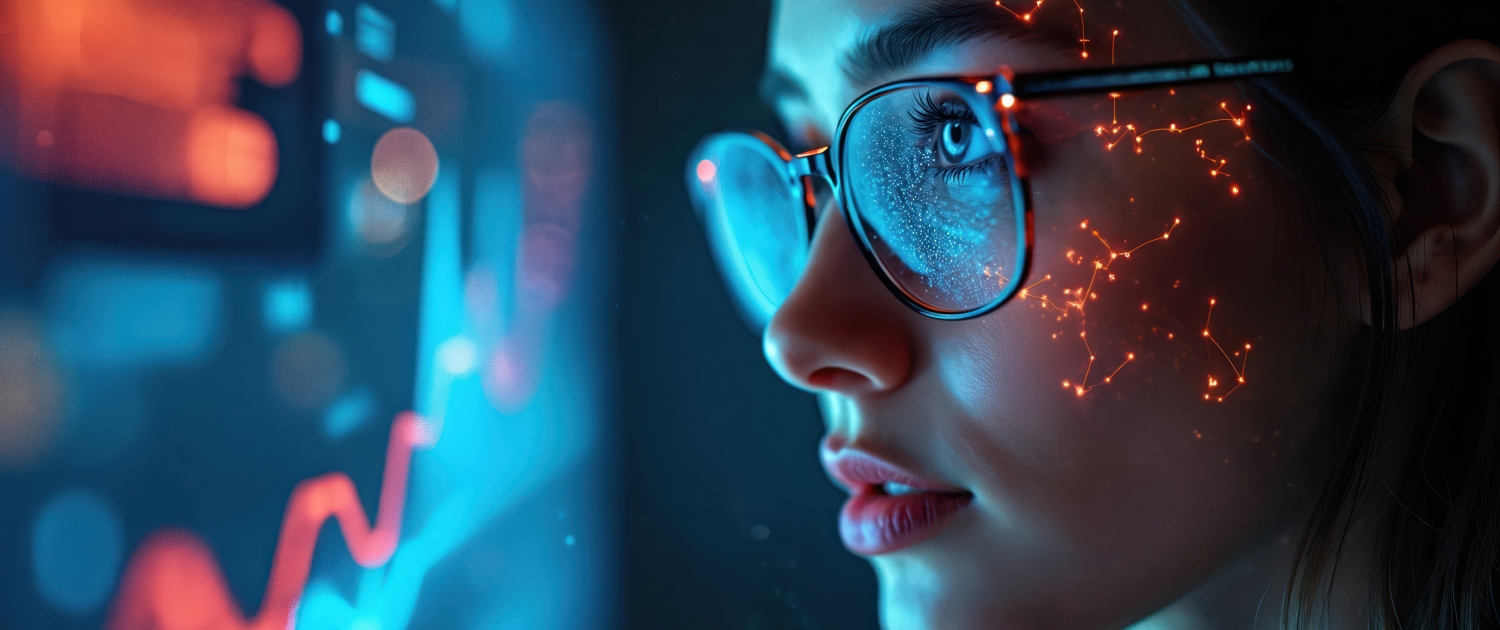 A young woman with glasses looks intently at digital data and graphs displayed on a screen, with glowing network-like patterns reflected on her face, suggesting technology and data analysis.