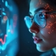 A young woman with glasses looks intently at digital data and graphs displayed on a screen, with glowing network-like patterns reflected on her face, suggesting technology and data analysis.