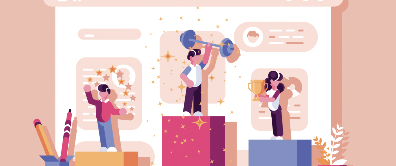 Three people stand on podiums in front of a large computer screen. The center person lifts a barbell, the right person holds a trophy, and the left person cheers. Stars surround them, and office supplies are nearby.
