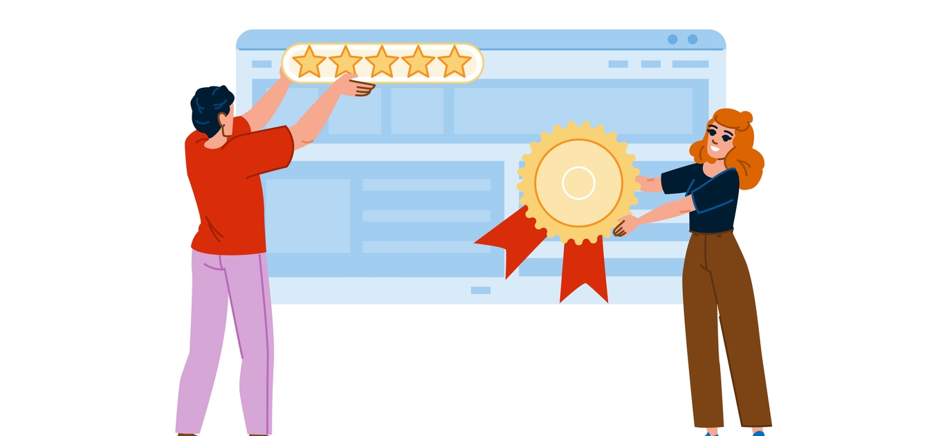 A man holds up a five-star rating while a woman displays a large gold award ribbon in front of a web browser window, symbolizing high-quality online service or achievement.