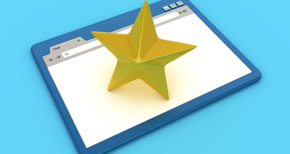 A large yellow star sits on top of a stylized web browser window, which is displayed on a blue tablet device against a light blue background.