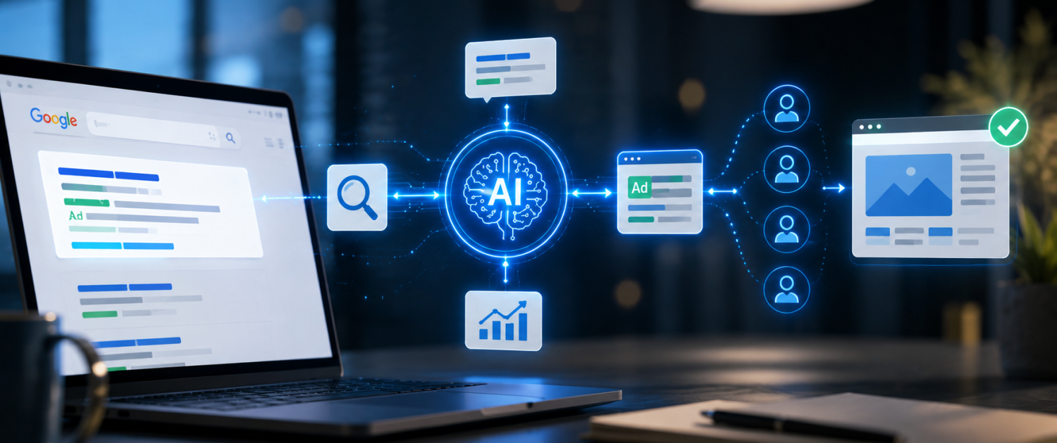A laptop displays a Google search page while digital graphics illustrate AI analyzing data, user profiles, and charts in a modern office setting.