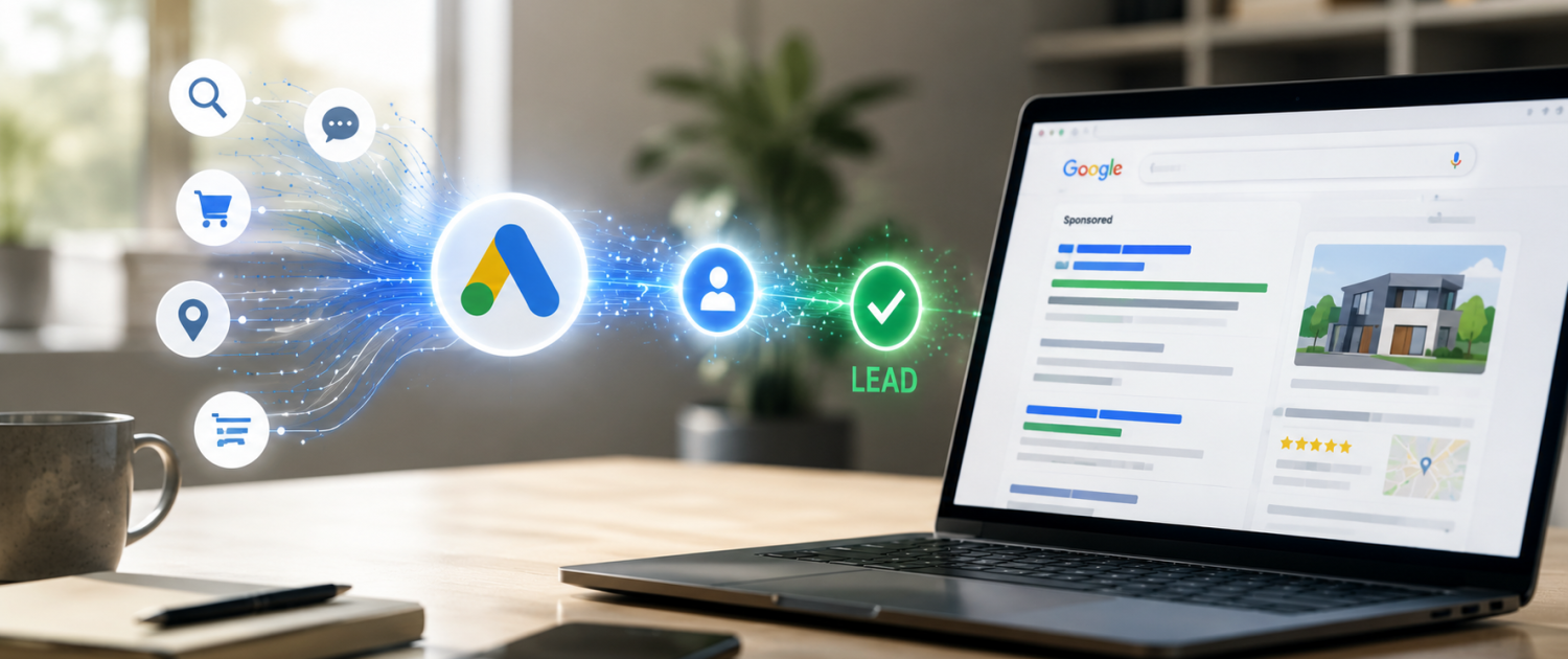 A laptop displays a Google search with ads for homes, while digital icons and the Google Ads logo appear beside it, symbolizing online advertising and lead generation on a wooden desk with a notebook and pen.