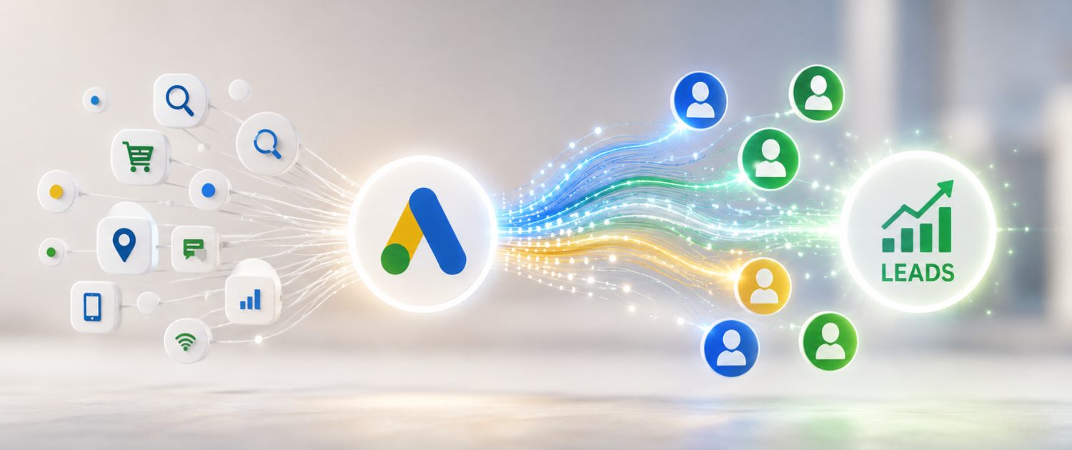 Digital marketing icons flow into the Google Ads logo, which then sends colorful streams toward icons of people and a graph labeled Leads, illustrating Google Ads generating business leads.