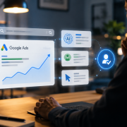 A person sits at a desk looking at virtual screens displaying Google Ads analytics graphs, search, audience, performance, and automation icons in a modern, dimly lit office.