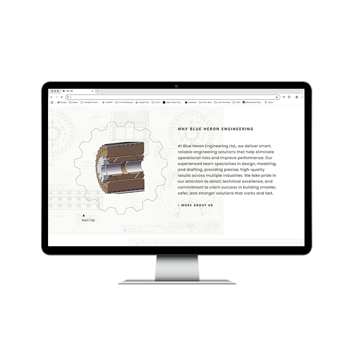 AG Client Page Blue Heron Web2 A computer monitor displaying the Blue Heron Engineering website, featuring an illustration of a mechanical gear and an about us description.