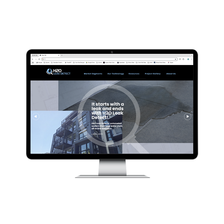 AG Client Page H2O BV1 A desktop computer monitor displaying the H2O Leak Detect website homepage, which features a promotional banner about an automated water leak detection system.
