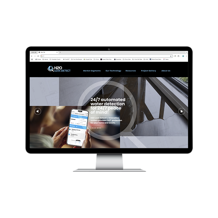 AG Client Page H2O BV2 Desktop monitor displaying the H2O Leak Detect website, featuring a hero section about 24/7 automated water detection and a person holding a smartphone showing the app interface.