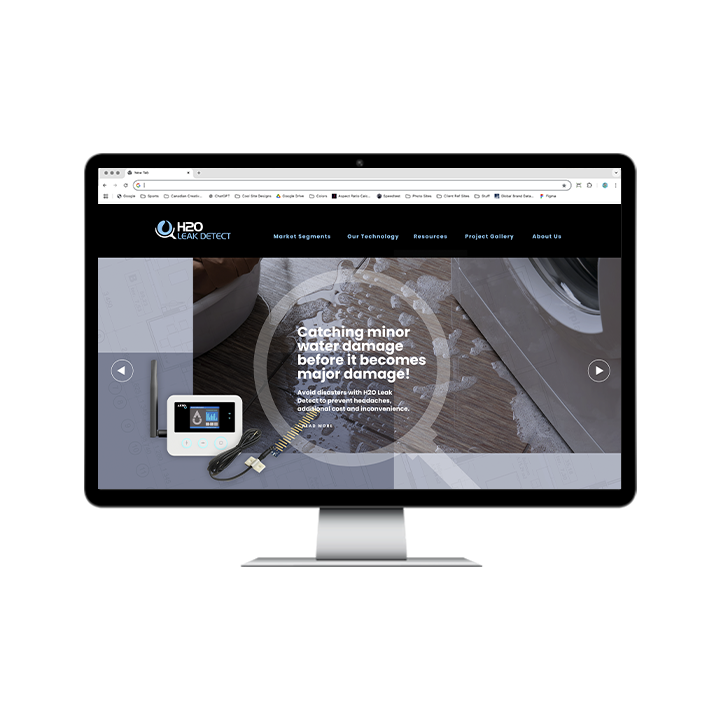 AG Client Page H2O BV3 Computer monitor displaying the H2O Leak Detect website, featuring a water leak sensor device and text about preventing major water damage.