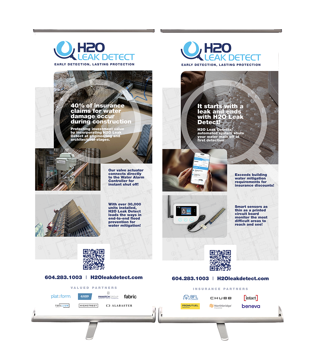 AG Client Page H2O Banner Two retractable banner displays for H2O Leak Detect featuring product photos, usage examples, contact information, QR codes, and logos of valued partners and insurance partners.