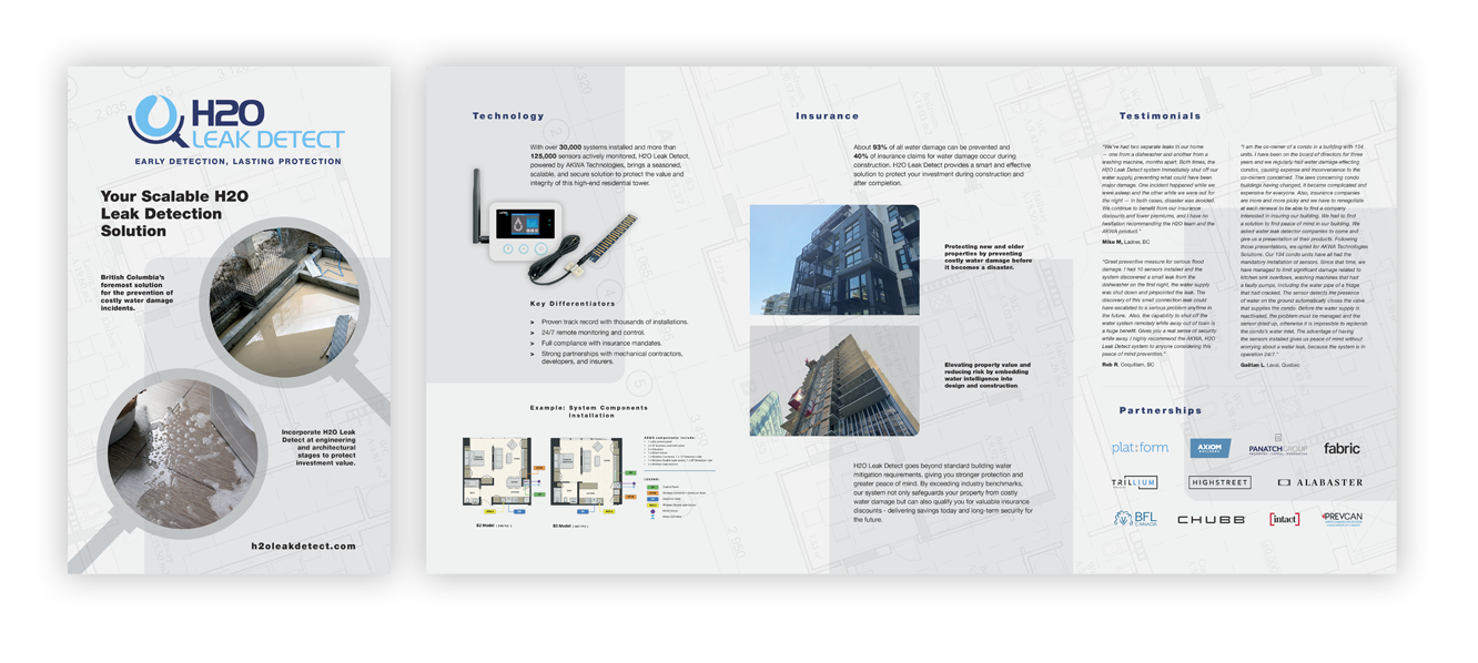 AG Client Page H2O Bro A three-panel brochure for H2O Leak Detect, featuring sections on technology, insurance, testimonials, and a list of partner logos.
