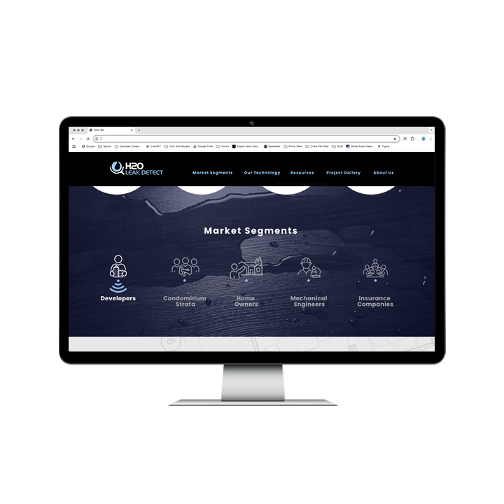AG Client Page H2O Web2 A computer monitor displaying the H2O Leak Detect website homepage, featuring a section for market segments including developers, strata, homeowners, mechanical engineers, and insurance companies.