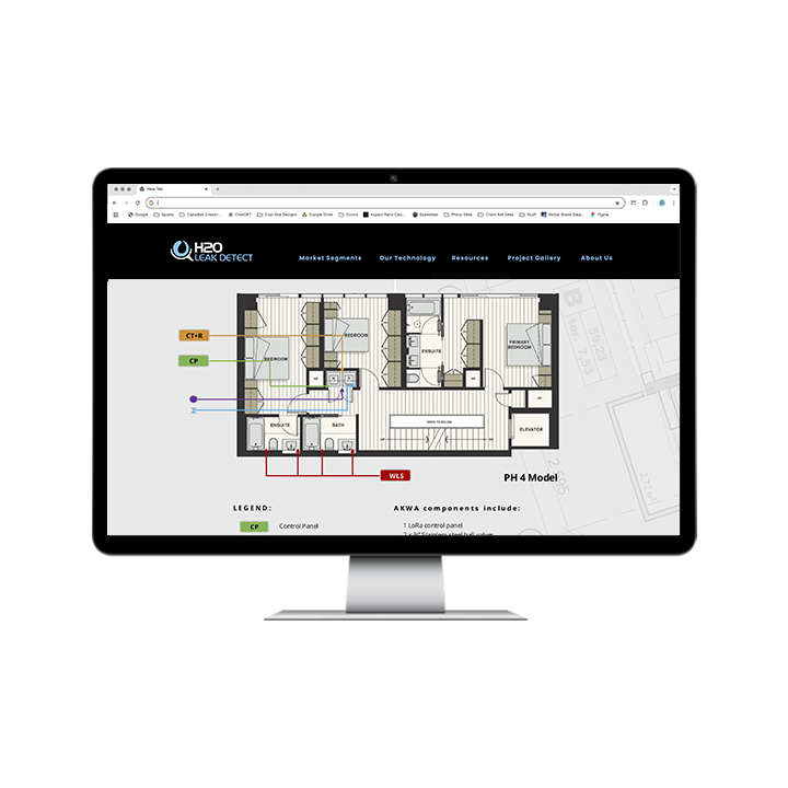 AG Client Page H2O Web4 A desktop computer screen showing an H2O Leak Detect website page with a floor plan diagram illustrating sensor and control panel locations.