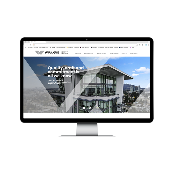 AG Client Page Vision West BV1 A computer monitor displaying the Vision West Aluminum website homepage, featuring an image of a modern building and the text Quality, craft and commitment is all we know.
