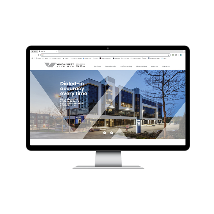 AG Client Page Vision West BV3 A computer monitor displaying the Vision West Aluminum website homepage, featuring a large commercial building and the text Dialed-in accuracy every time.