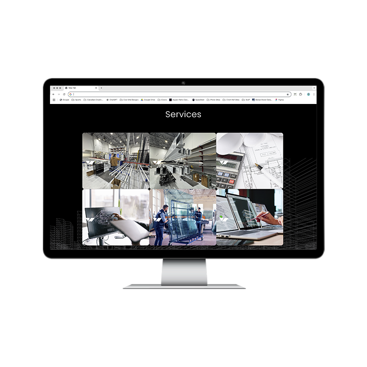 AG Client Page Vision West Web1 Computer monitor displaying a website page titled Services with a grid of six images showing architectural design, construction site logistics, and glass fabrication.