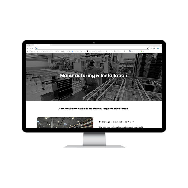AG Client Page Vision West Web3 Computer monitor displaying a website about manufacturing and installation services.