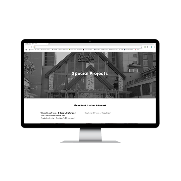 AG Client Page Vision West Web4 Computer monitor displaying a portfolio webpage titled Special Projects featuring the River Rock Casino & Resort.