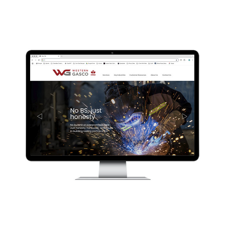 AG Client Page Western Gasco BV1 A desktop monitor displaying the Western Gasco website homepage, featuring a welder working with sparks flying and the text No BS, just honesty.
