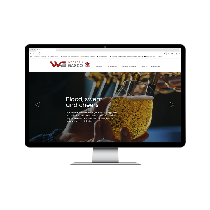 AG Client Page Western Gasco BV3 Computer monitor displaying the Western Gasco website, featuring a header image of a hand filling a glass with beer and the text Blood, sweat and cheers.