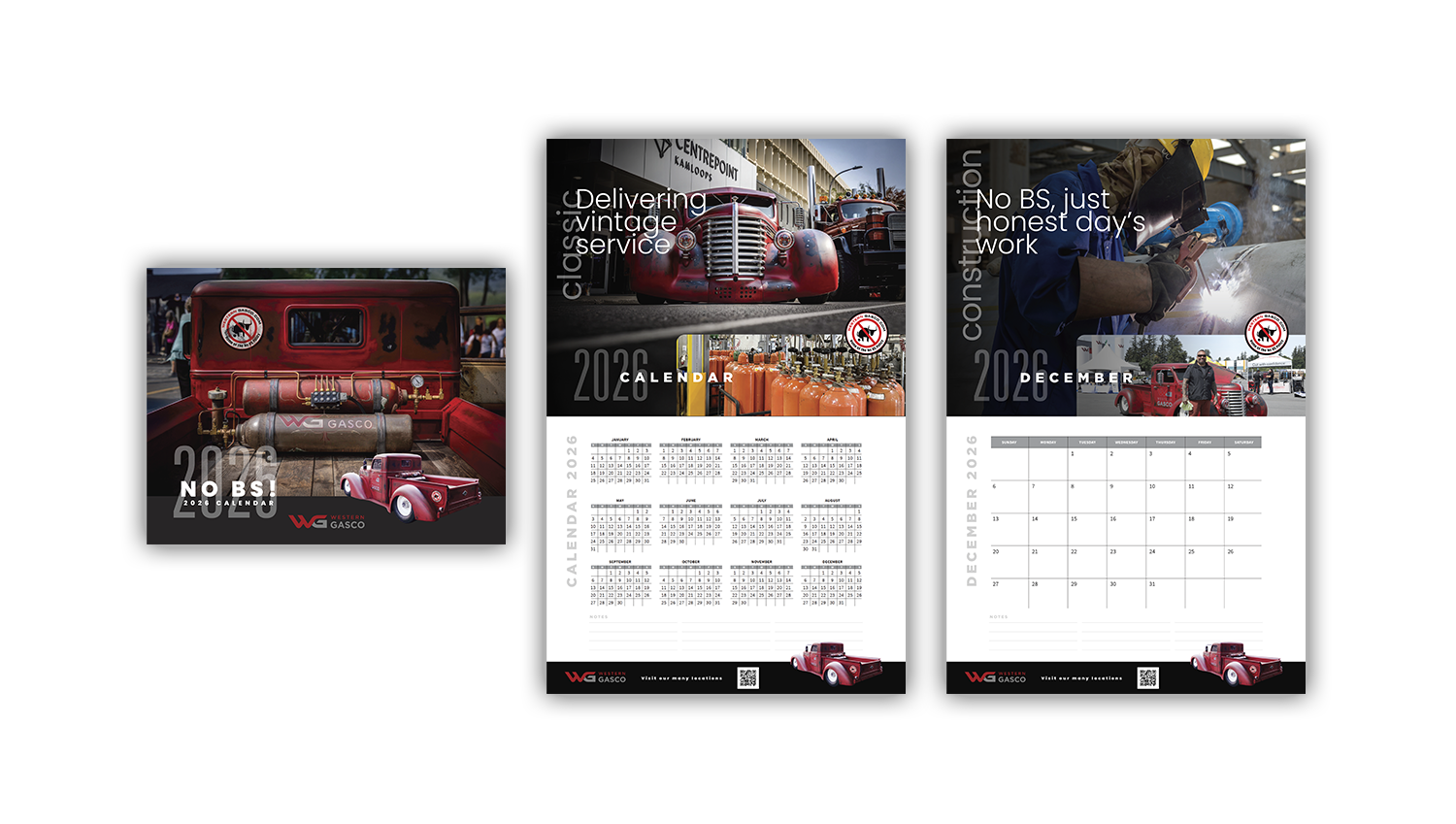 AG Client Page Western Gasco Calendar Three Gasco 2026 calendars displayed as a cover image, an annual calendar page, and a December monthly page, all featuring vintage trucks and construction-themed photography.