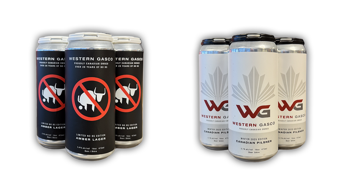AG Client Page Western Gasco Pkg Three cans of Western Gasco Amber Lager with black labels and a bull logo, next to three cans of Western Gasco Canadian Pilsner with white labels.
