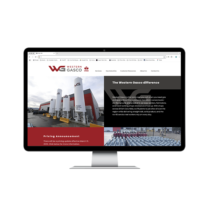 AG Client Page Western Gasco Web1 A desktop monitor displaying the Western Gasco website homepage, featuring images of industrial gas storage tanks and a pricing announcement.