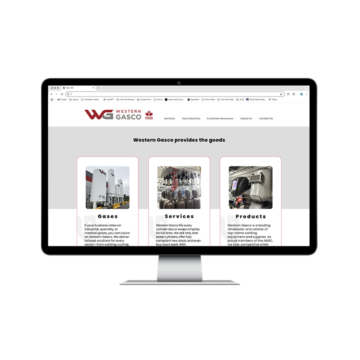 AG Client Page Western Gasco Web2 A desktop monitor displaying the Western Gasco website homepage, featuring sections for gases, services, and products.