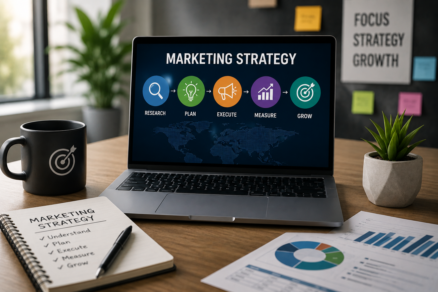 Laptop screen displaying a five-step personalized digital marketing agency strategy, with a notepad containing a written list and a printed chart on the desk.