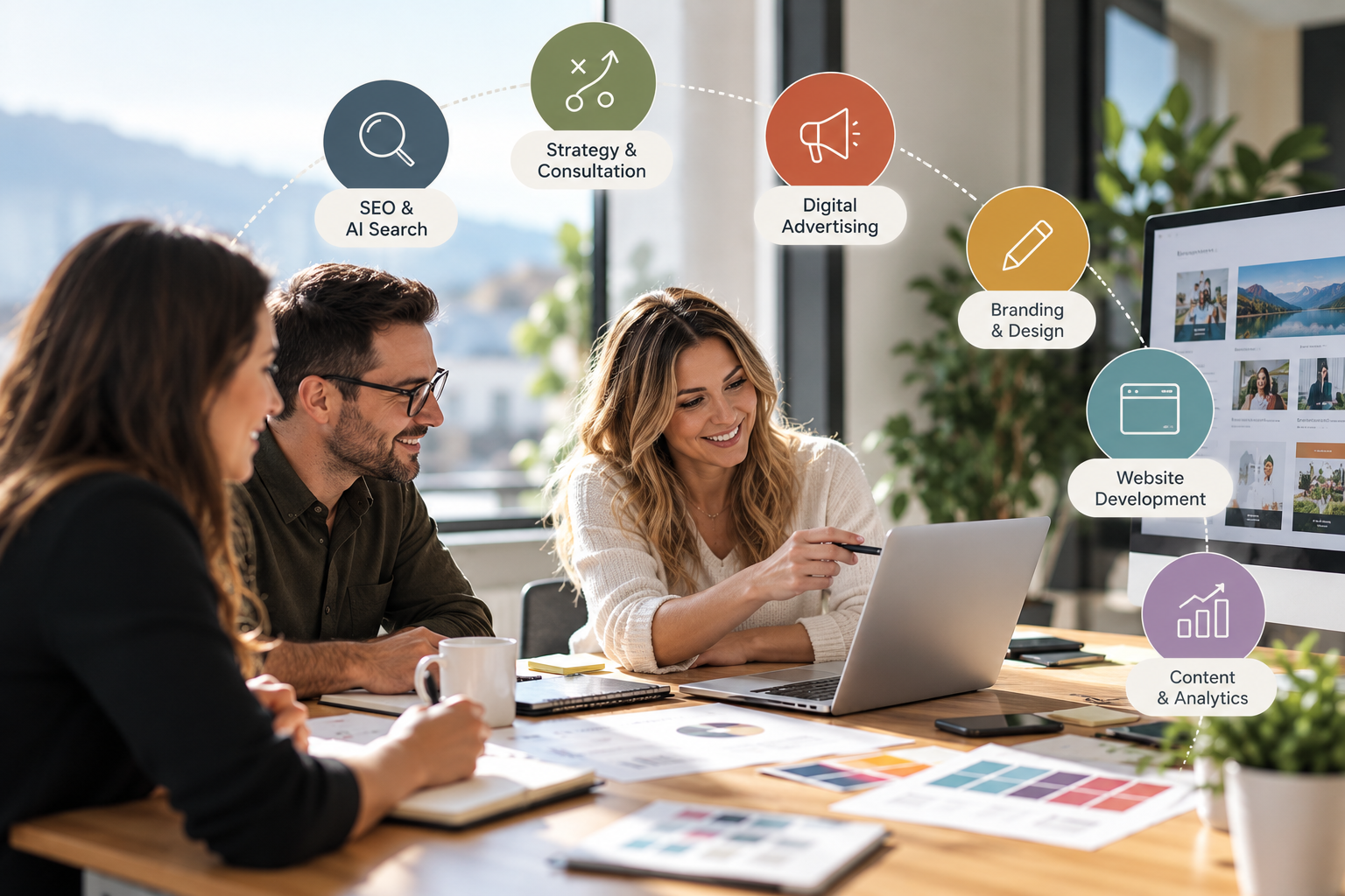 Three colleagues collaborate at a desk with a laptop, overlaid with an infographic showing six services from our personalized digital marketing agency: SEO & AI Search, Strategy, Digital Advertising, Branding, Website Development, and Analytics.